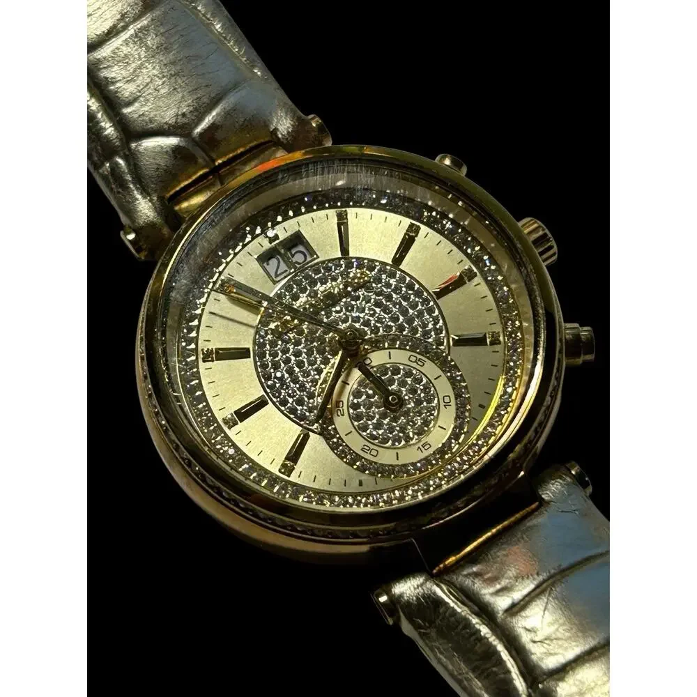 Michael Kors MK2444 Sawyer Champagne Dial Gold Leather Strap Chrono Women Watch